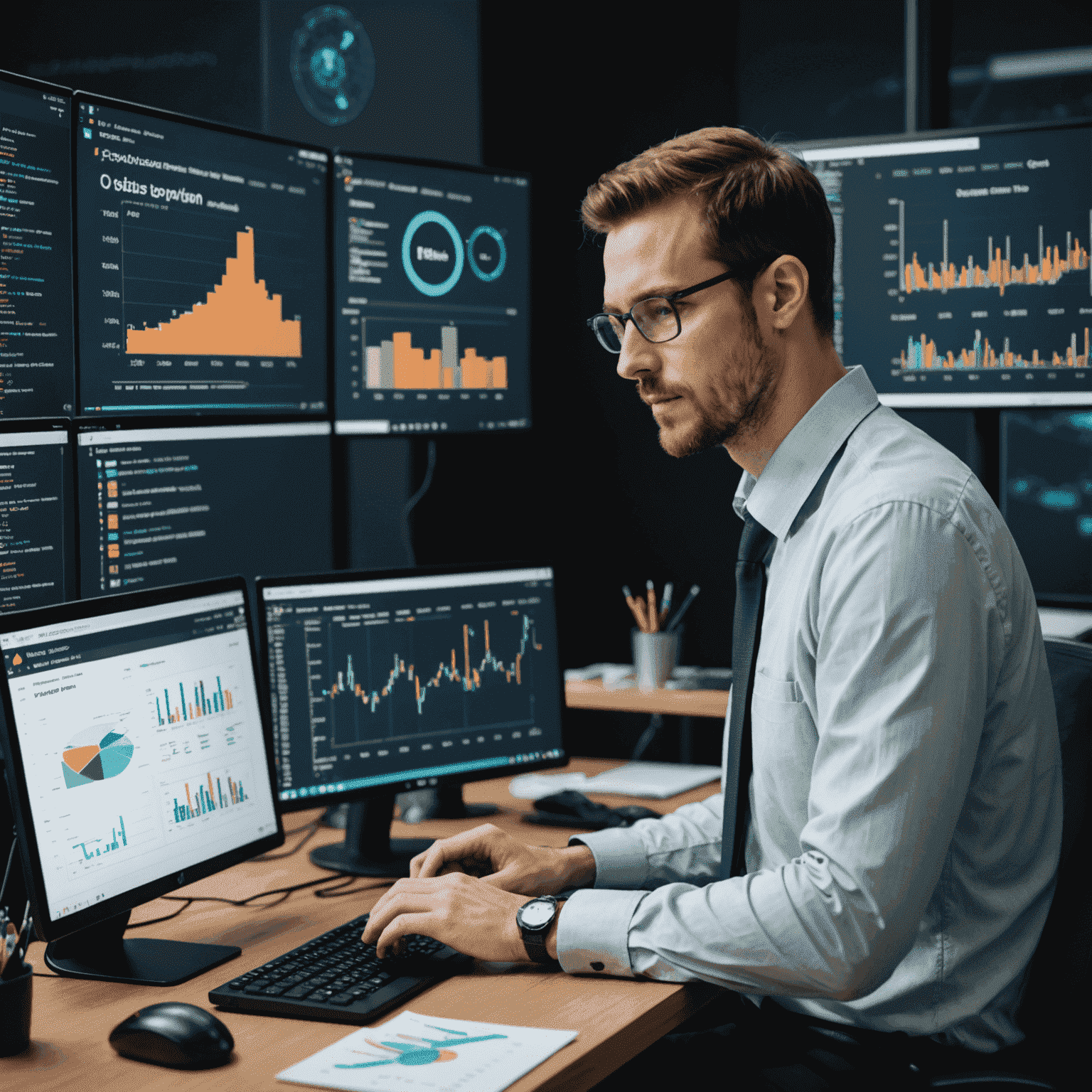 Imagen que muestra un científico de datos trabajando con Python en una pantalla de computadora, rodeado de gráficos y visualizaciones de datos