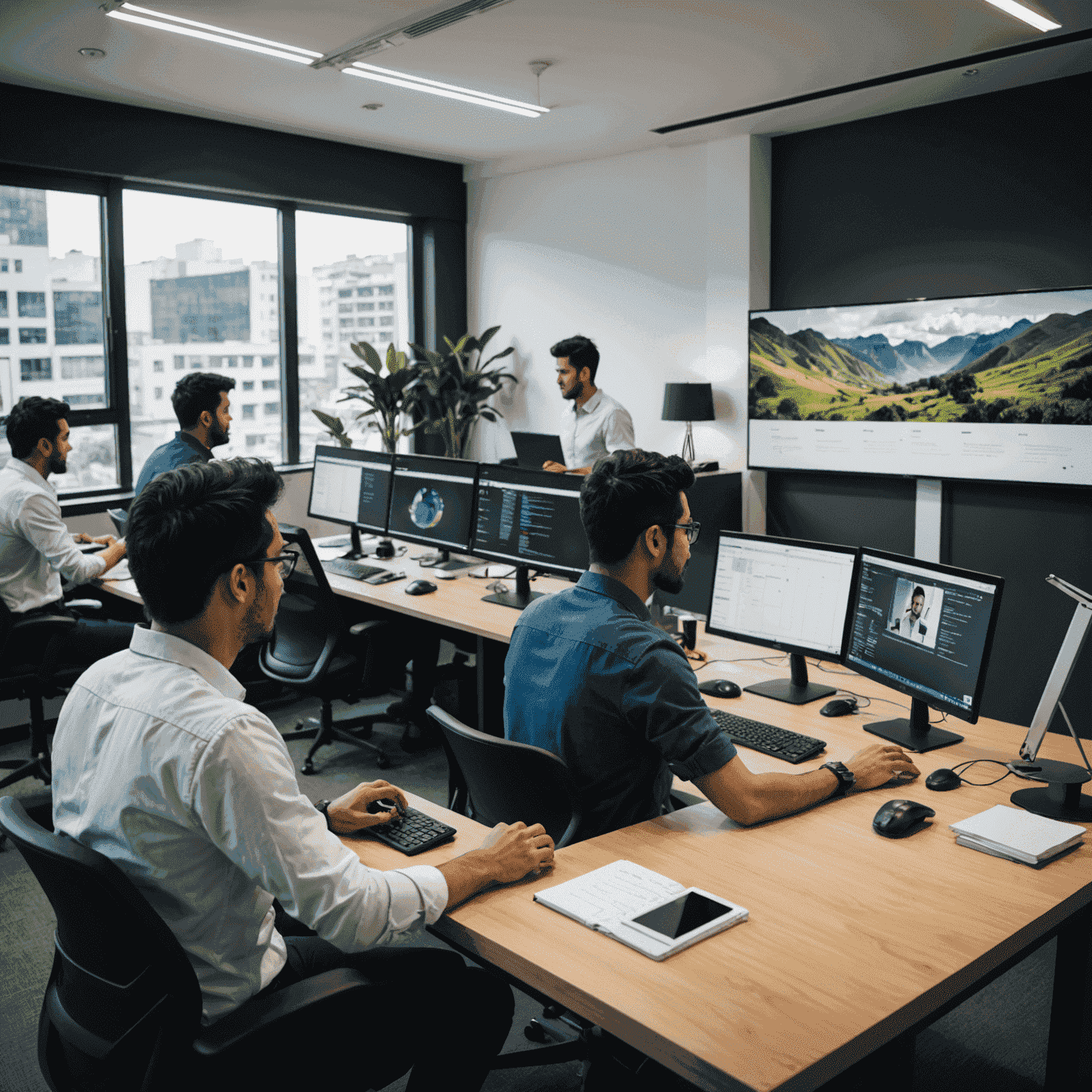 Desarrolladores peruanos trabajando en una oficina moderna, colaborando en código en pantallas grandes