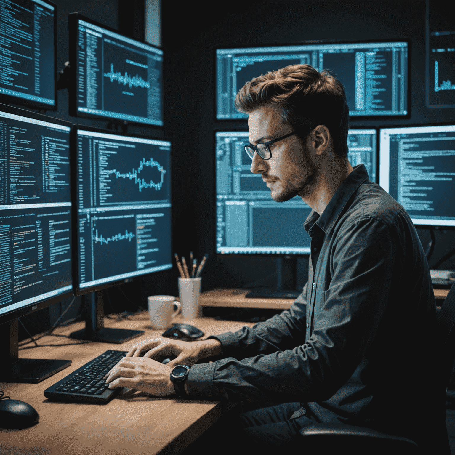Imagen de un programador trabajando en su computadora, rodeado de múltiples pantallas mostrando código
